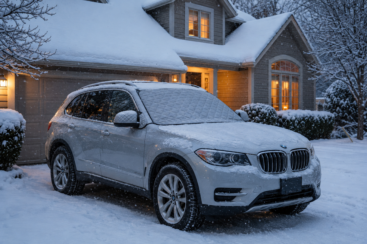 Magnetic windshield snow cover on a BMW SUV parked in a snowy driveway in front of a cozy house at dusk
